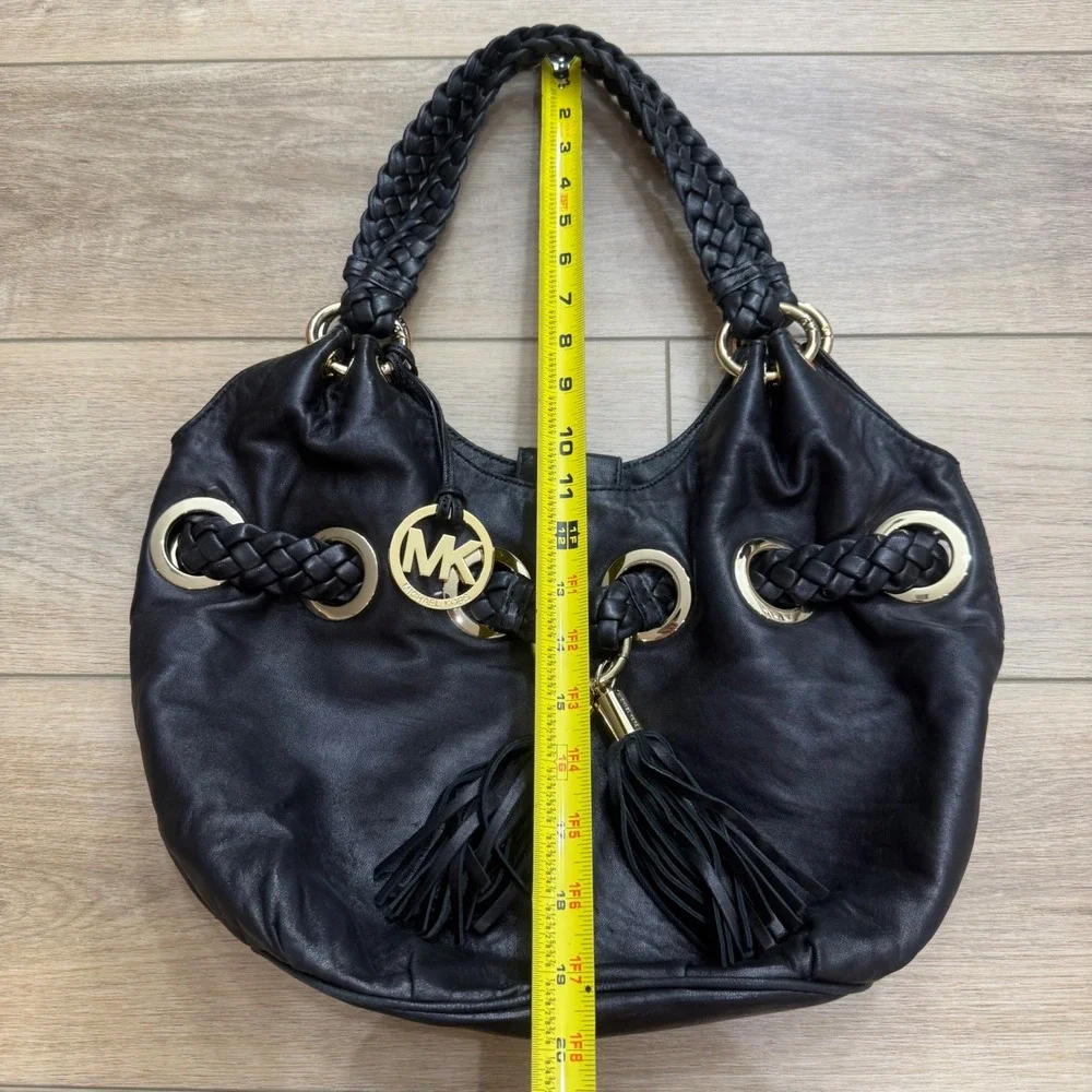Michael Kors Black Leather Braided Hobo Shoulder Bag Gold Hardware Tassel Large